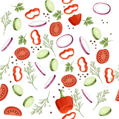 Seamless pattern sliced vegetables with pepper potato and carrot colored food icons for cooking vector illustration on white background