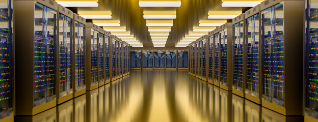 Server room data center. Backup, mining, hosting, mainframe, farm and computer rack with storage information. 3d render © kwarkot