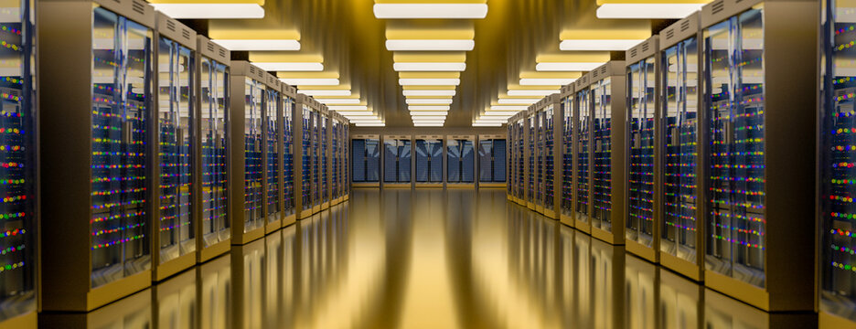 Server room data center. Backup, mining, hosting, mainframe, farm and computer rack with storage information. 3d render
