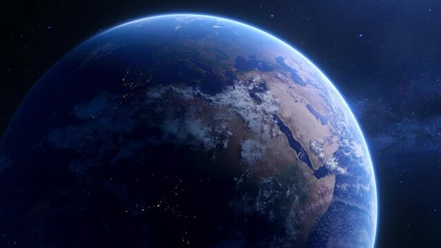 The planet earth in space, the rotation of the planet, 3D rendered animation. Some of the material in this image is from NASA.