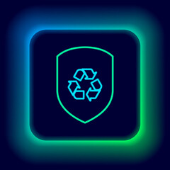Glowing neon line Recycle symbol inside shield icon isolated on black background. Eco protection sign. Colorful outline concept. Vector