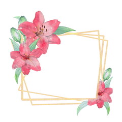 Elegant gold frame with Coral lilies. Watercolor illustration. Suitable for decorating of invitations, greeting cards, business cards