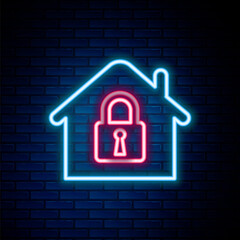 Glowing neon line House under protection icon isolated on brick wall background. Home and lock. Protection, safety, security, protect, defense concept. Colorful outline concept. Vector