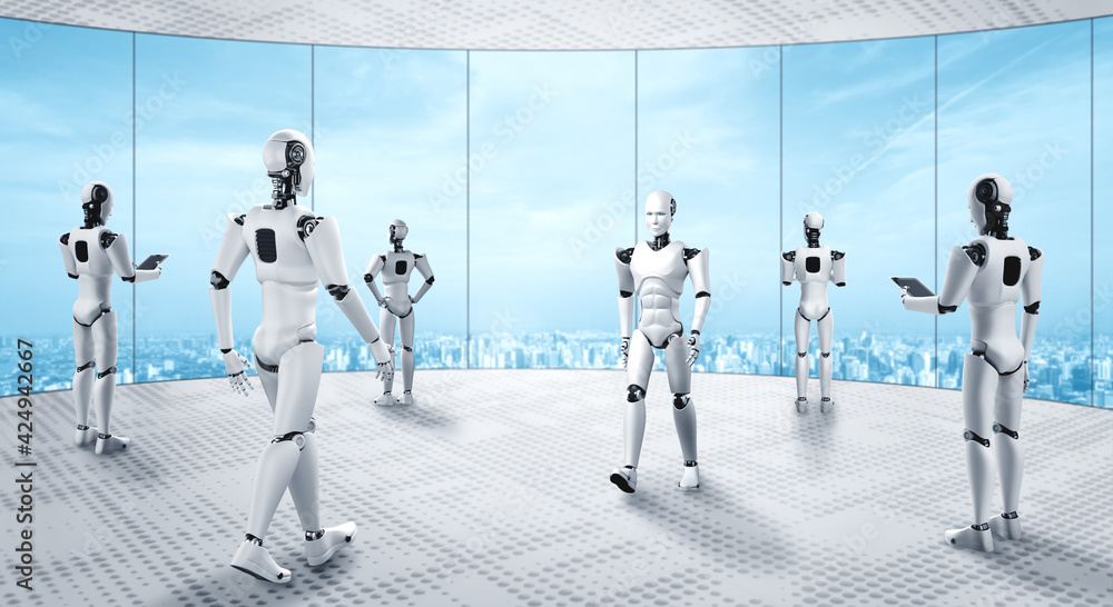 Poster 3d rendering robot humanoid working in future office interior . concept of ai thinking brain and mac