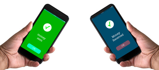 A man's hand holds a smartphone on the screen with the message money sent and received. Concept of...