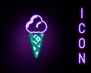 Glowing neon line Ice cream in waffle cone icon isolated on black background. Sweet symbol. Colorful outline concept. Vector