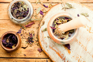 Pile of dried basil seasoning,top view