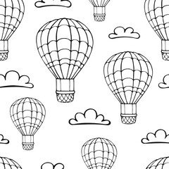 Naklejka premium Seamless pattern hot air balloon and cloud. Hand drawn outline doodle. Vector illustration.