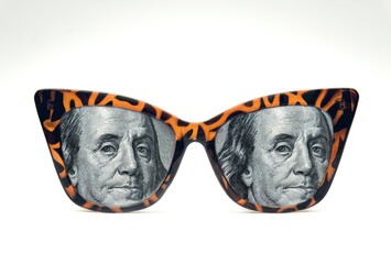 Consumerism, business and greed concept. Glasses and money