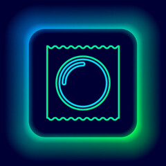 Glowing neon line Condom in package safe sex icon isolated on black background. Safe love symbol. Contraceptive method for male. Colorful outline concept. Vector