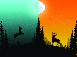 Vector image of night scene illustration with full moon and deer 