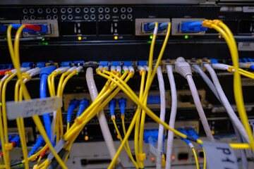 Communication equipment in the operator's premises. Indication of working equipment. Communication equipment ports for connecting an internet cable.