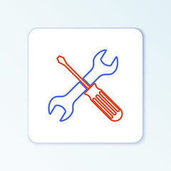 Line Crossed screwdriver and wrench tools icon isolated on white background. Service tool symbol. Colorful outline concept. Vector