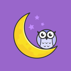 owl and moon at night logo cute illustration