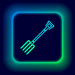 Glowing neon line Garden pitchfork icon isolated on black background. Garden fork sign. Tool for horticulture, agriculture, farming. Colorful outline concept. Vector