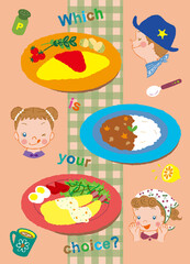 Three children happy to see an omelet, curry rice, and fried shrimp