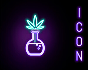 Glowing neon line Chemical test tube with marijuana or cannabis leaf icon isolated on black background. Research concept. Laboratory CBD oil concept. Colorful outline concept. Vector