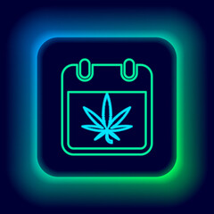 Glowing neon line Calendar and marijuana or cannabis leaf icon isolated on black background. National weed day. Hemp symbol. Colorful outline concept. Vector
