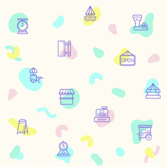 pattern on the theme of vendor, store, shop, sign board, shopping, street food, vendor booth, food cart, market and more. simple color icons on beige background.