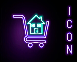 Glowing neon line Shopping cart with house icon isolated on black background. Buy house concept. Home loan concept, rent, buying a property. Colorful outline concept. Vector