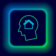 Glowing neon line Man dreaming about buying a new house icon isolated on black background. Colorful outline concept. Vector