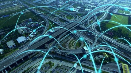 Smart digital city highway with globalization graphic of connection network abstract line . Concept of future 5G smart wireless digital city and social media networking systems .