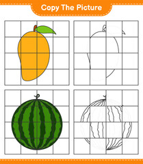 Copy the picture, copy the picture of Fruits using grid lines. Educational children game, printable worksheet, vector illustration