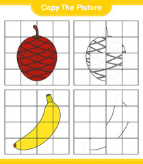 Copy the picture, copy the picture of Fruits using grid lines. Educational children game, printable worksheet, vector illustration