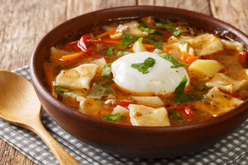 Delicious soup with vegetables, ground beef, homemade noodles and poached egg close-up in a bowl on the table. horizontal
