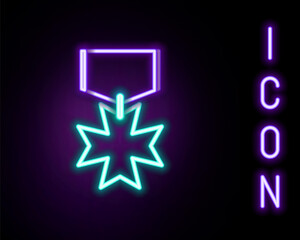 Glowing neon line Military reward medal icon isolated on black background. Army sign. Colorful outline concept. Vector