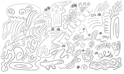Set of cute doodle designs with simple line drawings for kids, web illustrations, backgrounds, cards, cartoons and more
