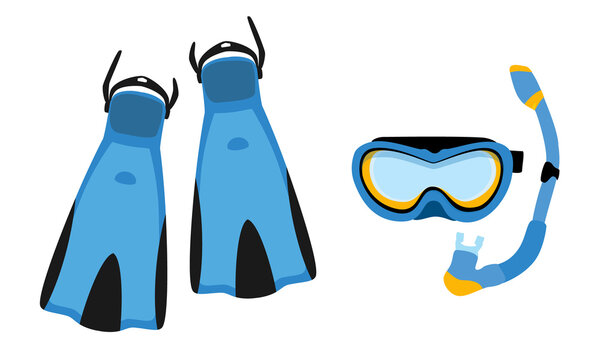 Blue diving maks, diving tube, swimming equipment, flippers