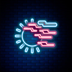 Glowing neon line Fog and sun icon isolated on brick wall background. Colorful outline concept. Vector