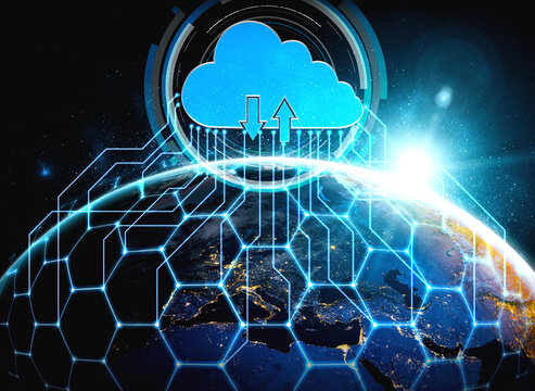 Cloud computing technology and online data storage in innovative perception . Cloud server data storage for global business network concept. Internet server service connection for cloud data transfer.