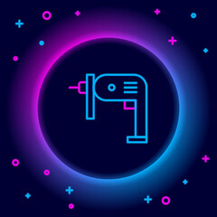 Glowing neon line Electric drill machine icon isolated on black background. Repair tool. Colorful outline concept. Vector