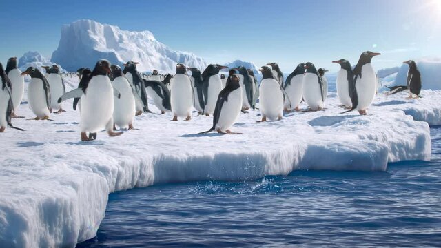Many Gentoo penguins stand on the ice and jump into the water, with splash. Antarctic ice, protection of the environment