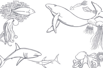 Fish and wild marine animals set.