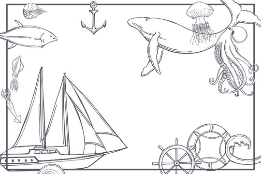 Vector  background with yacht and marine animals.
