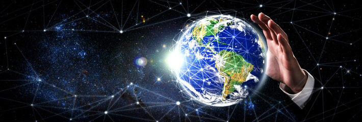 Global network connection covering earth with link of innovative perception . Concept of international trading and digital investment, 5G global wireless connection and future of internet of things .