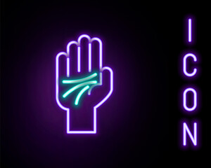 Glowing neon line Palmistry of the hand icon isolated on black background. Colorful outline concept. Vector