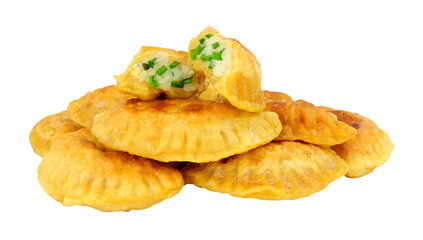 Group of potato and cheese filled Pierogi dumplings isolated on a white background
