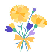 ハート型黄色と青の花のミニブーケ