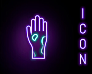 Glowing neon line Hand with psoriasis or eczema icon isolated on black background. Concept of human skin response to allergen or chronic body problem. Colorful outline concept. Vector