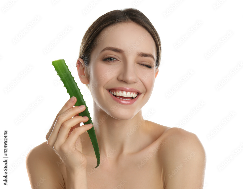 Canvas Prints Happy young woman with aloe leaf on white background