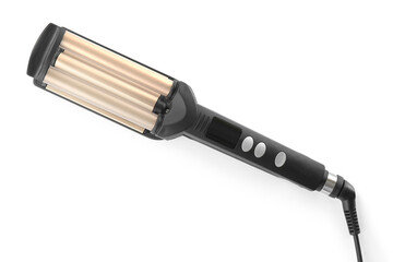 Modern triple curling iron isolated on white, top view