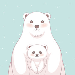 Cute polar bear mom and her baby character design. Vector illustration