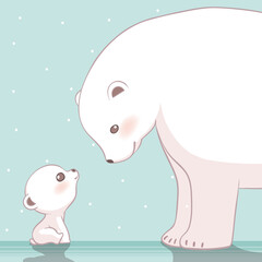 Cute polar bear mom and her baby character design. Vector illustration