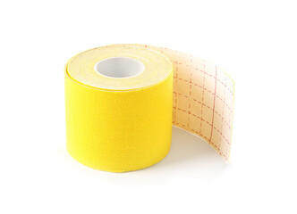 Yellow kinesio tape in roll on white background