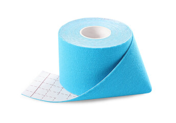 Light blue kinesio tape in roll on white background