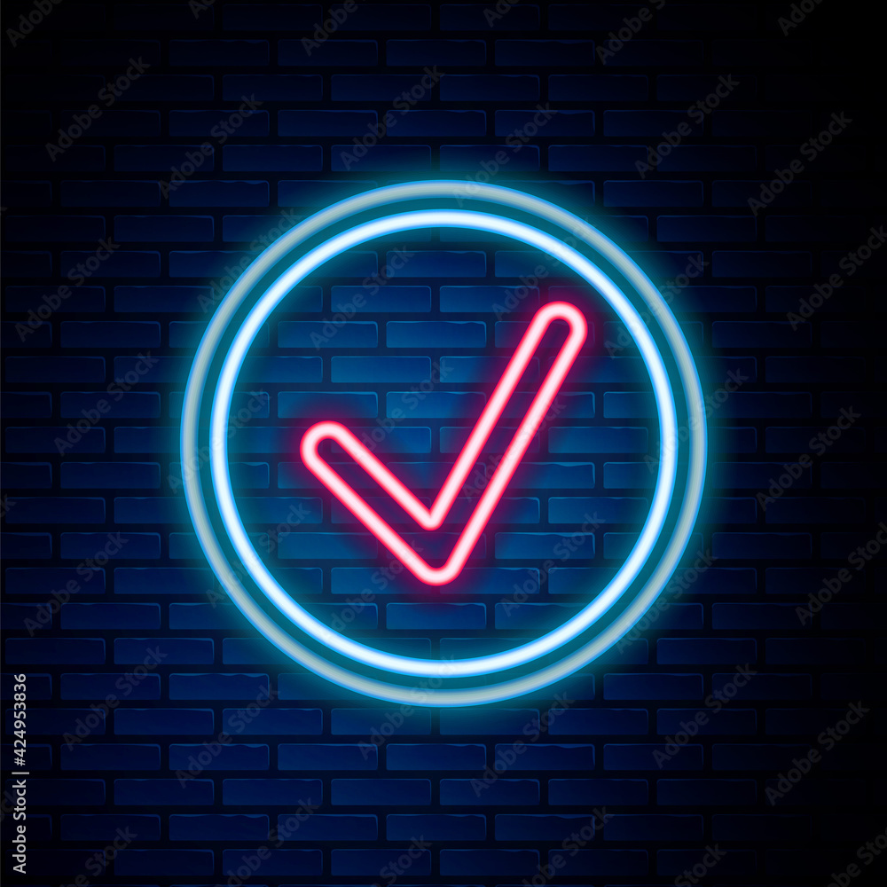 Poster glowing neon line check mark in circle icon isolated on brick wall background. choice button sign. c